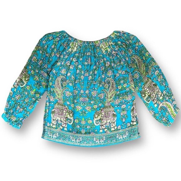 PEEK Girls Peasant Top Sz Large 8 Teal Blue Pink Boho Paisley Floral Elephant - Picture 6 of 7